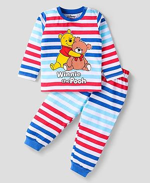 Babyhug Disney Single Jersey Knit Full Sleeves Night Suit With Winnie The Pooh Graphic - Blue Red & Light Blue