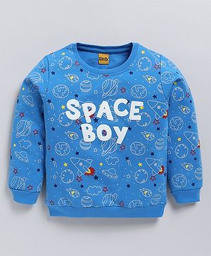 Kidcity Cotton Looper Full Sleeves Space Theme Printed Sweatshirt - Sulphur Blue