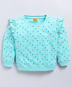 Kidcity Cotton Looper Full Sleeves Polka Dots Printed & Frill Detailed Sweatshirt - Light Blue