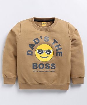 Kidcity Cotton Looper Full Sleeves Dads The Boss Text Printed Sweatshirt - Dark Beige