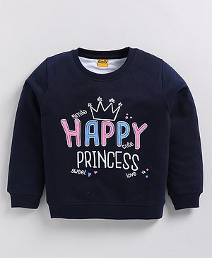 Kidcity Cotton Looper Full Sleeves Happy Princess Text Printed Sweatshirt - Navy Blue