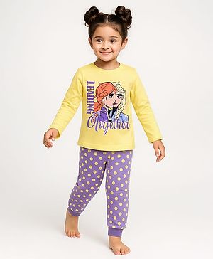 Babyhug Disney Single Jersey Knit Full Sleeves Night Suit With Frozen Elsa & Anna Graphic - Purple & Yellow