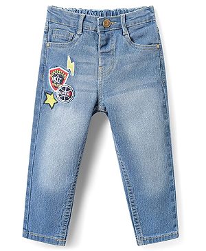 Babyhug Full Length Washed Denim Jeans with Embroidery - Light Blue