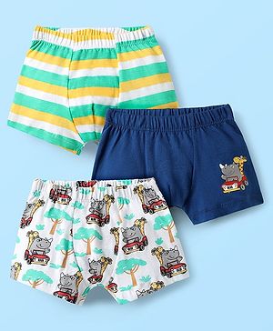 Babyhug 100% Cotton Single Jersey Knit Antibacterial Trunk With Stripes & Animal Print Pack Of 3 - Navy Blue Green & White