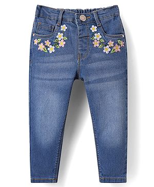 Babyhug Full Length Washed Denim Jeans with  Stretch & Floral Embroidery - Blue