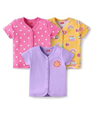 Babyhug Interlock Knit Half Sleeve Antibacterial Open Vest With Floral & Polka Dot Print - Pink Purple & Yellow