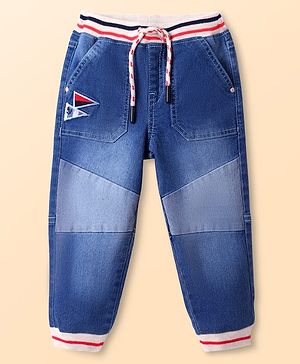 Babyhug Denim Full Length Washed Jeans With Stretch and Patch Embroidery - Blue