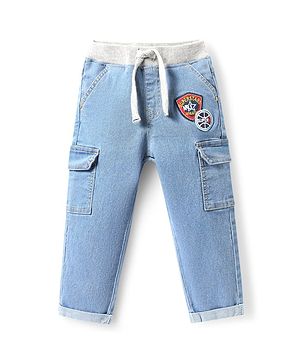 Babyhug Full Length Washed Denim Jeans with Stretch & Patch Detailing - Light Blue