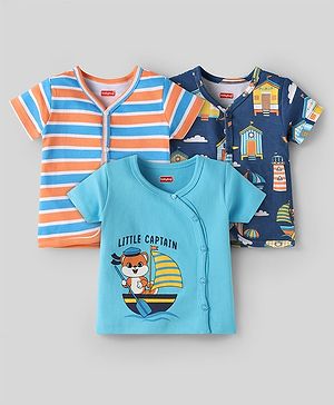 Babyhug 100% Cotton Interlock Knit Front Open Half Sleeves Vests With Stripes & Beach Theme Pack Of 3 - Navy Blue Light Blue & Orange