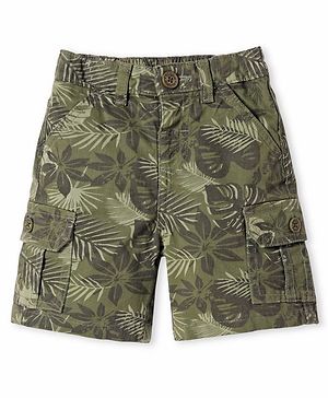 Babyhug Twill Woven Above Knee Length Bermuda With Stretch & Leaf Print - Olive Green