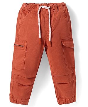 Babyhug Cotton Lycra Woven Full Length Solid Trouser With Stretch & Cargo Pockets - Dark Orange