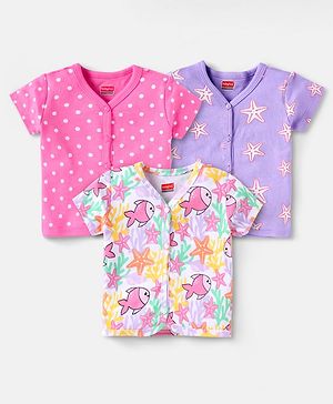 Babyhug 100% Cotton Knit Half Sleeves Antibacterial Front Open Vests with Polka Dots & Fish Print Pack of 3 - Dark Pink Purple & White