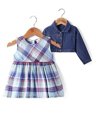 Babyhug Cotton Woven Checkered Frock & Full Sleeves Jacket with Floral Embroidery - Blue