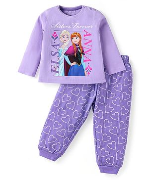 Babyhug Disney Single Jersey Knit Full Sleeves Night Suit With Frozen Elsa & Anna Graphic - Purple