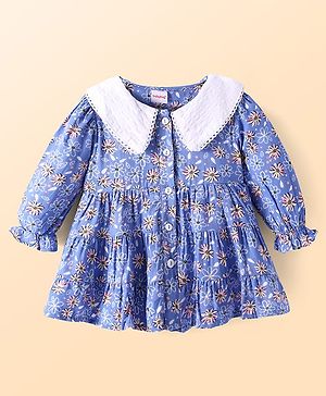 Babyhug Cotton Woven Full Sleeves Peter Pan Collared Front Open Frock with Floral Print - Blue