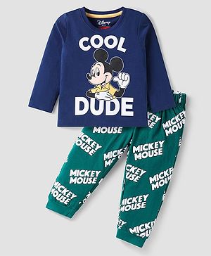 Babyhug Disney Single Jersey Knit Full Sleeves Night Suit with Mickey Mouse Graphics - Navy Blue & Green