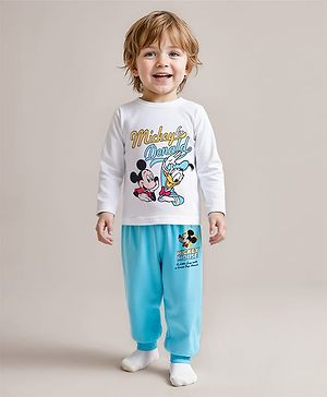 Babyhug Disney Single Jersey Knit Full Sleeves Night Suit With Mickey Mouse Graphic - Light Blue & White