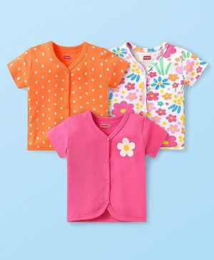Babyhug Interlock Knit Half Sleeves Antibacterial Front Open Vests With Polka Dots & Floral Print Pack Of 3 - Orange Pink & White