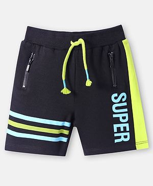 Babyhug Cotton Knit Mid Thigh Length Cut & Sew Shorts with Text Print & Stripes - Black