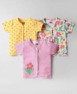 Babyhug Interlock Knit Half Sleeves Front Open Antibacterial Vests With Stripes Floral & Heart Print Pack Of 3 - Pink Yellow & White