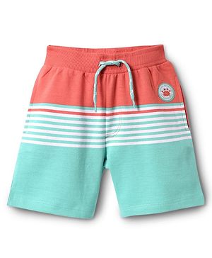 Babyhug Cotton Knit Mid Thigh Shorts with Beach Theme Patch - Coral & Light Blue