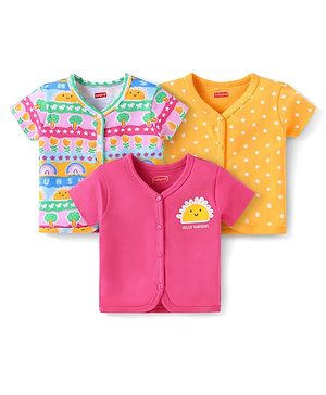 Babyhug Interlock Knit Half Sleeves Antibacterial Open Vest With Polka & Floral Print Pack Of 3 - Yellow & Pink