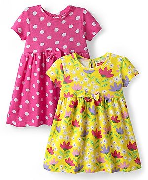 Babyhug Single Jersey Knit Half Sleeves Anti Bacterial Frocks with Heart & Bunny Print  Pack of 2 - Dark Pink & Yellow