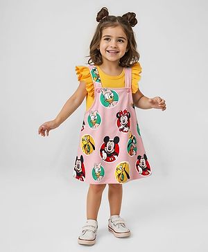 Babyhug Disney Single Jersey Knit  Sleeveless T-Shirt With Frock & Minnie & Friends Graphic & Frill Detailing - Pink