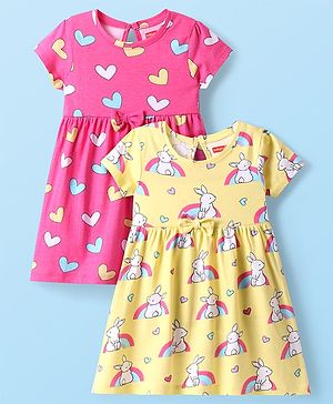Babyhug Single Jersey Knit Half Sleeves Frock with Rabbit & Heart Print  Pack of 2 - Pink & Yellow