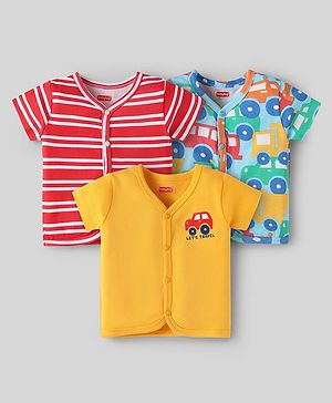 Babyhug 100% Cotton Interlock Knit Half Sleeves Antibacterial Front Open Vests With Stripes & Vehicle Print Pack Of 3 - Yellow Red & Light Blue