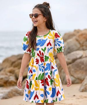 Pine Kids Cotton Knit Half Puffed Sleeves Dress with Leaves Print - White