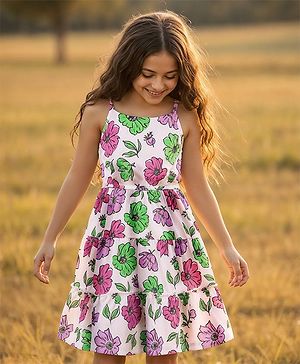 Pine Kids Cotton Knit Sleeveless Tiered Floral Printed Frock - White