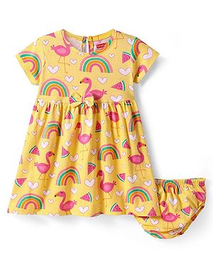 Babyhug Single Jersey Knit Half Sleeves Frock with Bloomer and Tropical Print -  Yellow