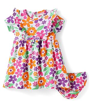Babyhug Single Jersey Knit Half Sleeves Frock With Bloomer with Floral Print with Frill Detailing & Bow Applique - Pink Orange & White