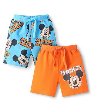 Babyhug Disney Terry Knit Shorts With Mickey Mouse Graphic Pack Of 2 - Orange & Light Blue