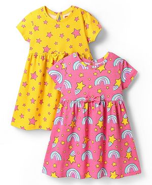 Babyhug Single Jersey Knit Half Sleeves Stars  Printed Frocks with Bow Applique Pack of 2 - Yellow & Pink