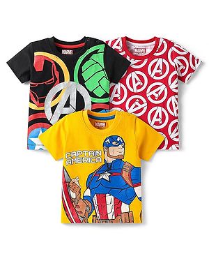 Babyhug Marvel Single Jersey Knit Half Sleeves  T-Shirts With Foil Print Avenger Graphics Pack Of 3 - Red Black & Yellow