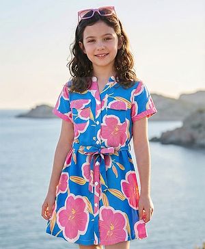 Pine Kids Woven Half Sleeves Frock & Belt With Floral Print - Blue & Pink
