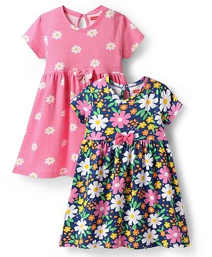 Babyhug Single Jersey Knit Half Sleeves Floral Printed Frocks with Bow Applique Pack of 2 - Navy Blue & Pink