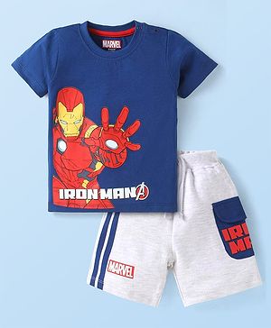 Babyhug Marvel Single Jersey Knit Half Sleeves T-Shirt & Shorts Set with Iron Man Graphics & Pocket Detailing - Blue