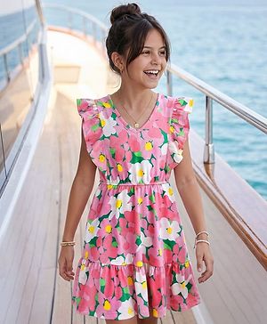 Pine Kids Cotton Knit Frill Sleeves Frock with Floral Print - Pink