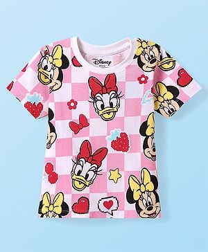 Babyhug Disney Single Jersey Knit Half Sleeves T-Shirt With Minnie & Friends - Pink & White