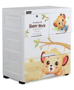 Babyhug 3 Layers High Density Plastic Storage Cabinet Baby Lion Print With Smooth Wheels - White| Easy Access Draws| Easy Maintenance| Easy Assembly| For Girls & Boys| Cloths, Toys & Book Organizer