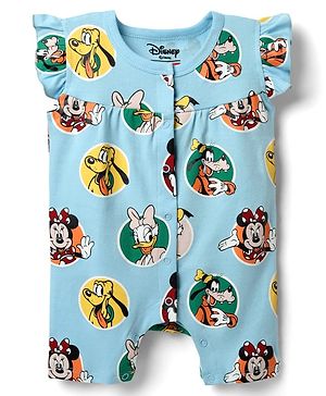 Babyhug Disney Interlock Knit Frill Sleeves Romper With Minnie & Friends Graphics - Light Blue