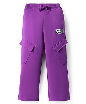 Pine Kids Knit Full Length Lounge Pant With Text Print & Cargo Pockets - Purple
