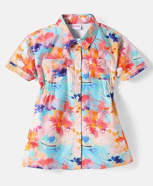 Babyhug Cotton Woven Half Sleeves Anti Bacterial Shirt Style Frock with Floral Print - Multicolor