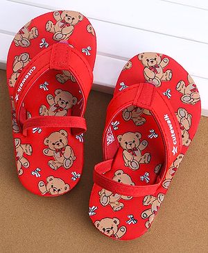 Cute Walk by Babyhug Flip Flops  with Back Strap & Bear Print - Red