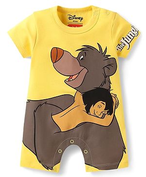 Babyhug Disney Interlock Knit Half Sleeves Romper With Mowgli & Friends Graphics - Yellow