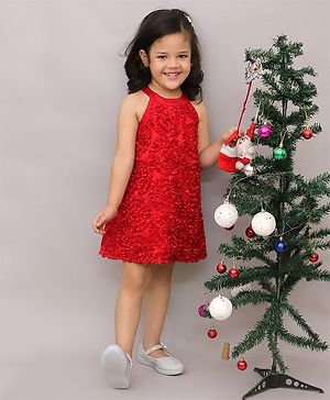 Lil' Drama Cotton Sleeveless Floral Applique Detailed Dress - Red