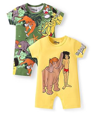 Babyhug Disney Interlock Knit Half Sleeve Romper With Mowgli & Friends Graphic Pack Of 2 - Yellow & Green
